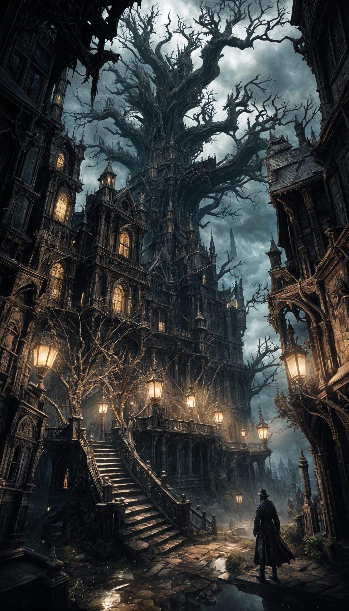 Epic Victorian-Style Cityscape Within a Gnarled Tree