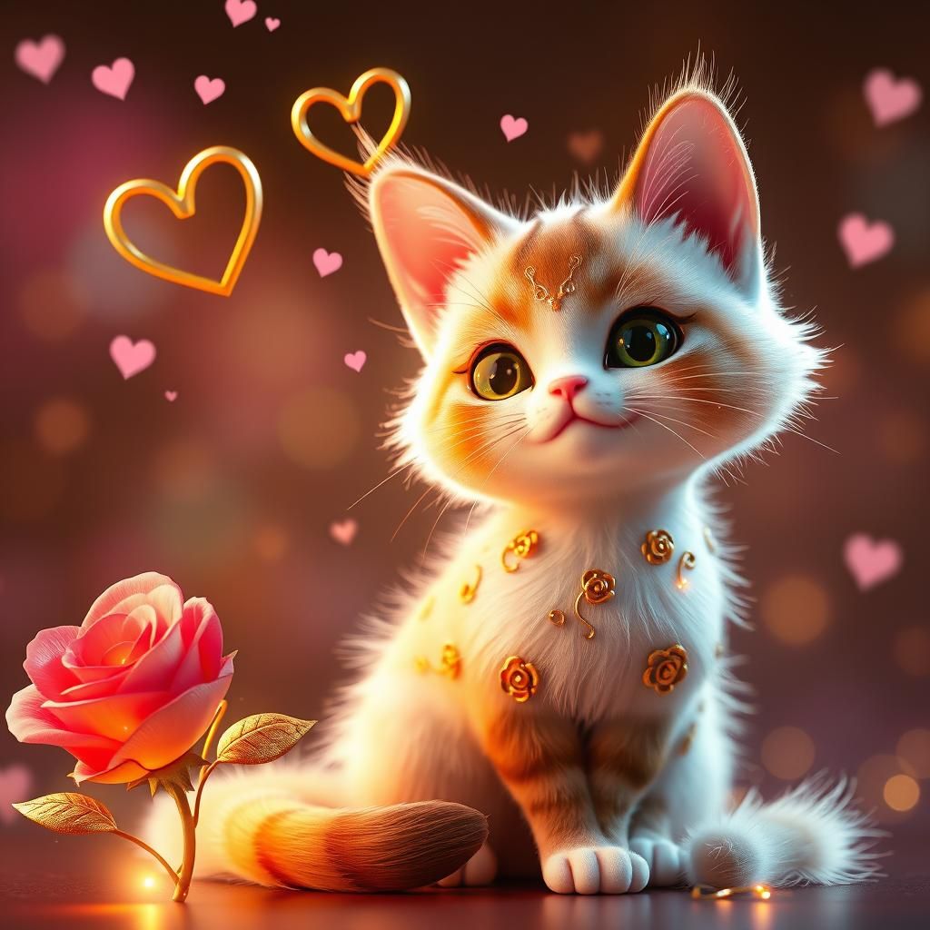 Enchanting Multicolored Cat with Roses in 3D