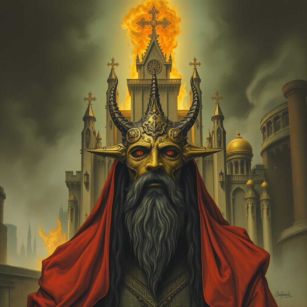 Trickster Spirit Before Burning Cathedral, Metallic Symbolis...