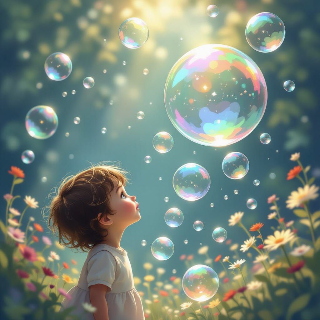Child Gazes at Memory Bubbles in Dreamlike Style