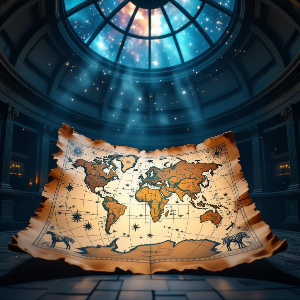 Ancient Map in Celestial Observatory with Shifting Constella...