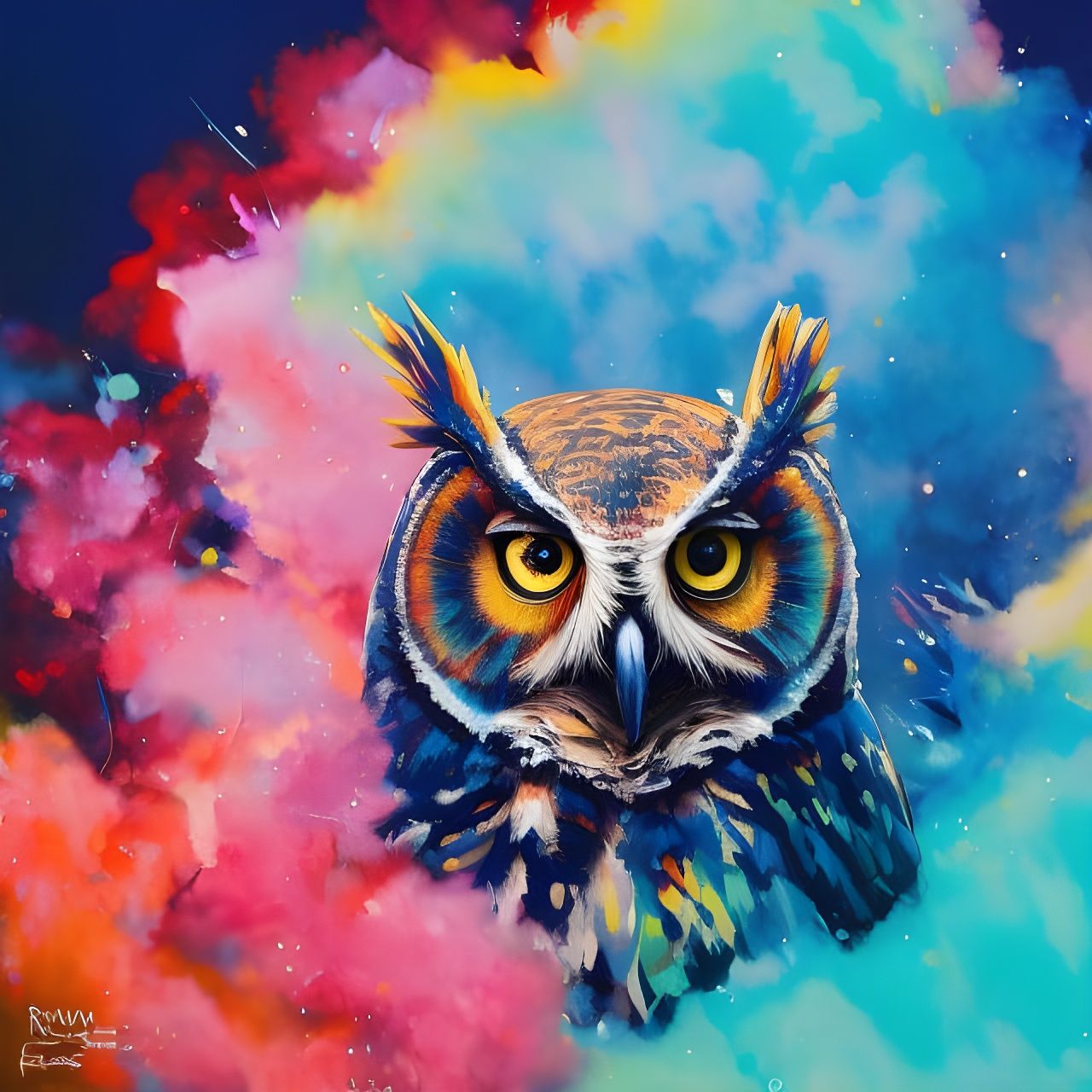 Colorful Owl Portrait in Acrylic Watercolor Style