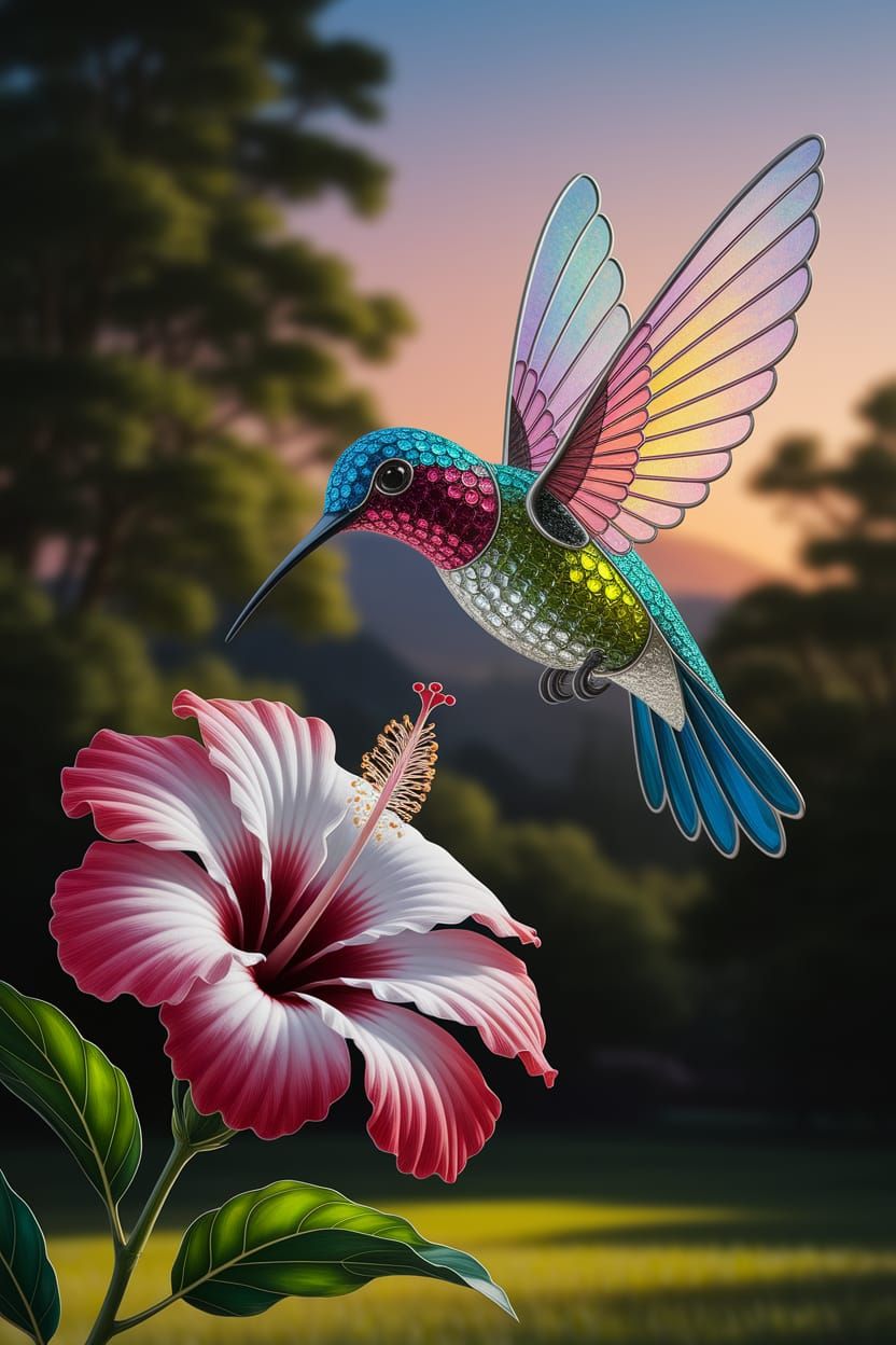 Stained Glass Hummingbird with Gemstone Body