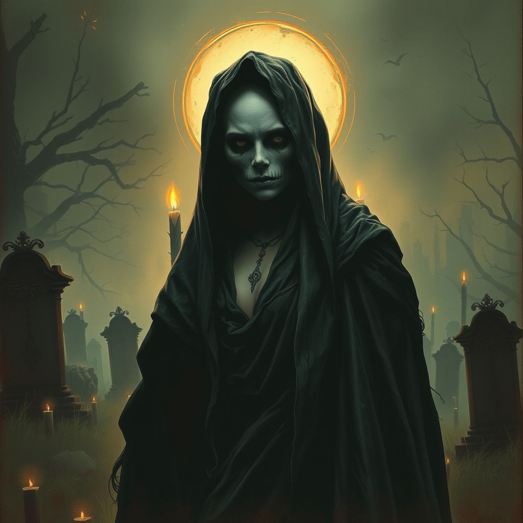 Dark Fantasy Woman in Graveyard with Candles