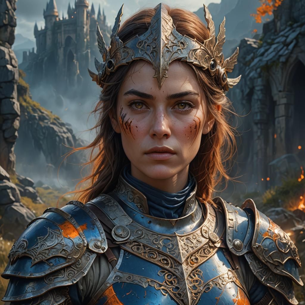 Epic Fantasy Lady Warrior in Battlescarred Landscape