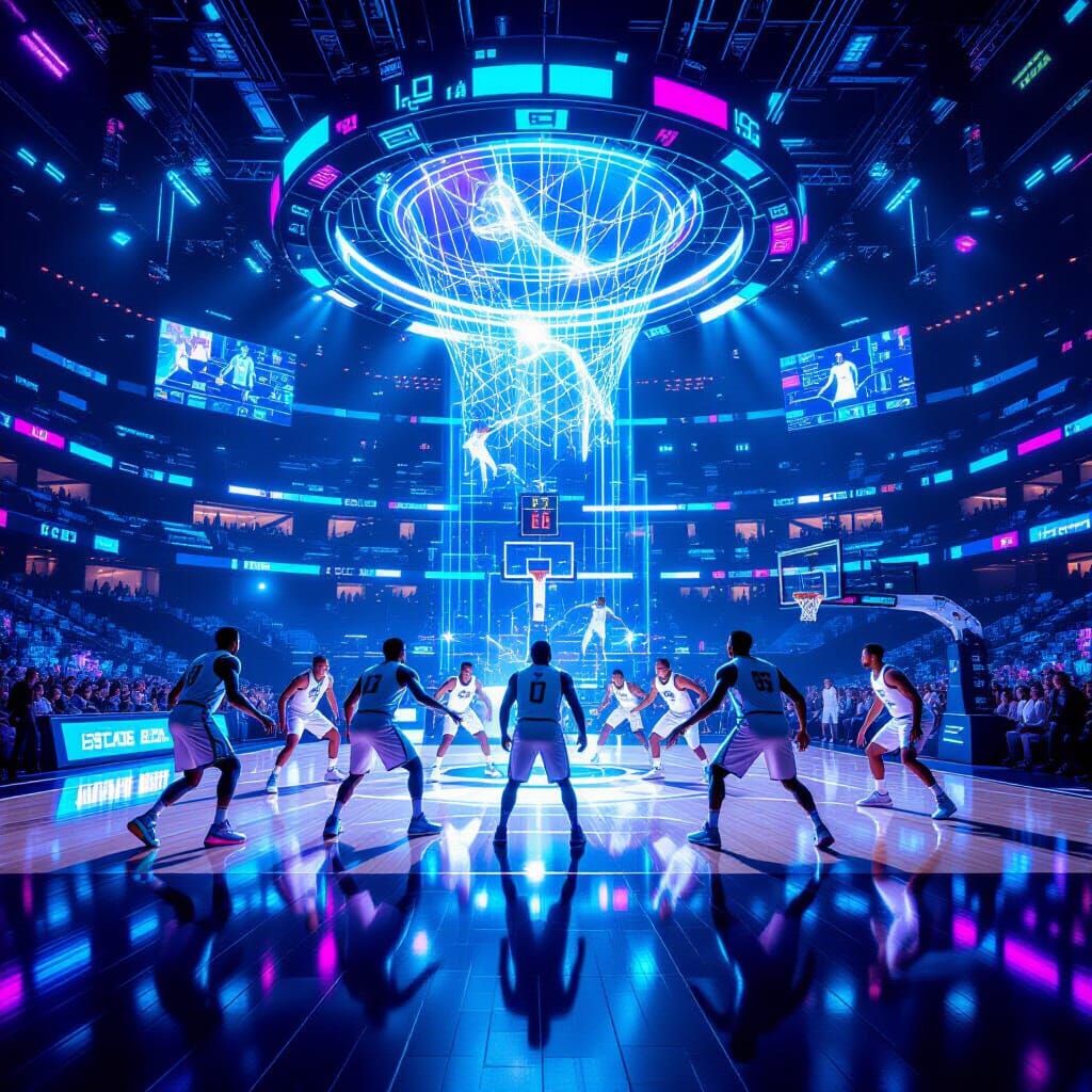 imagine a hyperrealistic photograph of a futuristic basketball arena, with holographic projections of players battling i...