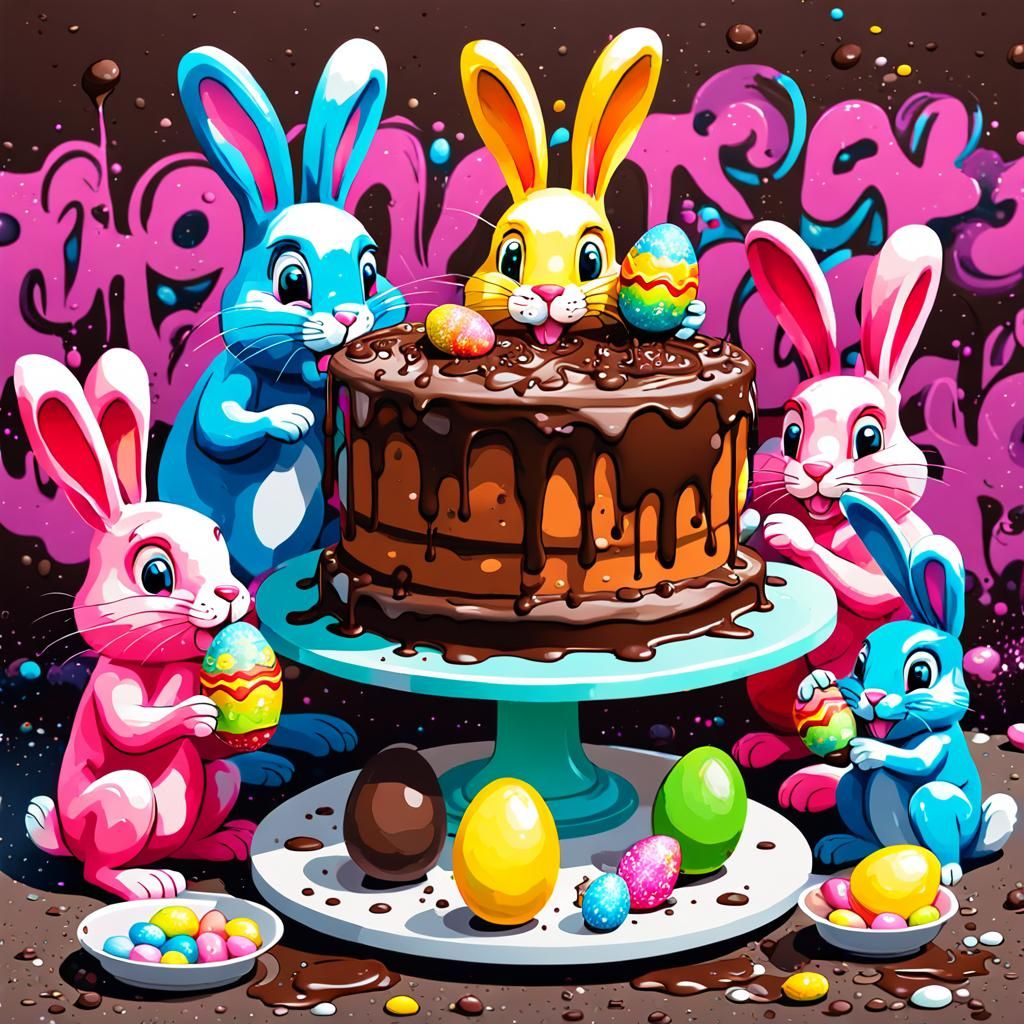 Cartoon Rabbits Celebrate Easter with Graffiti Art