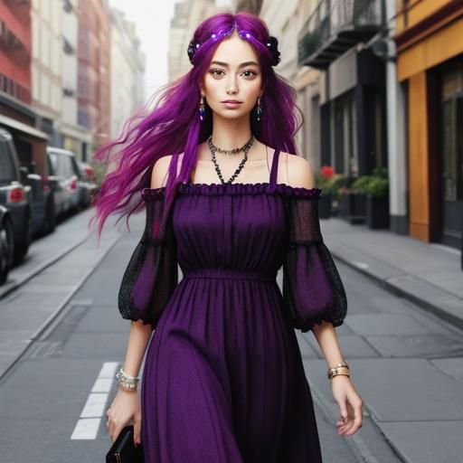 Hippie Girl in Flowing Dress: Digital Art