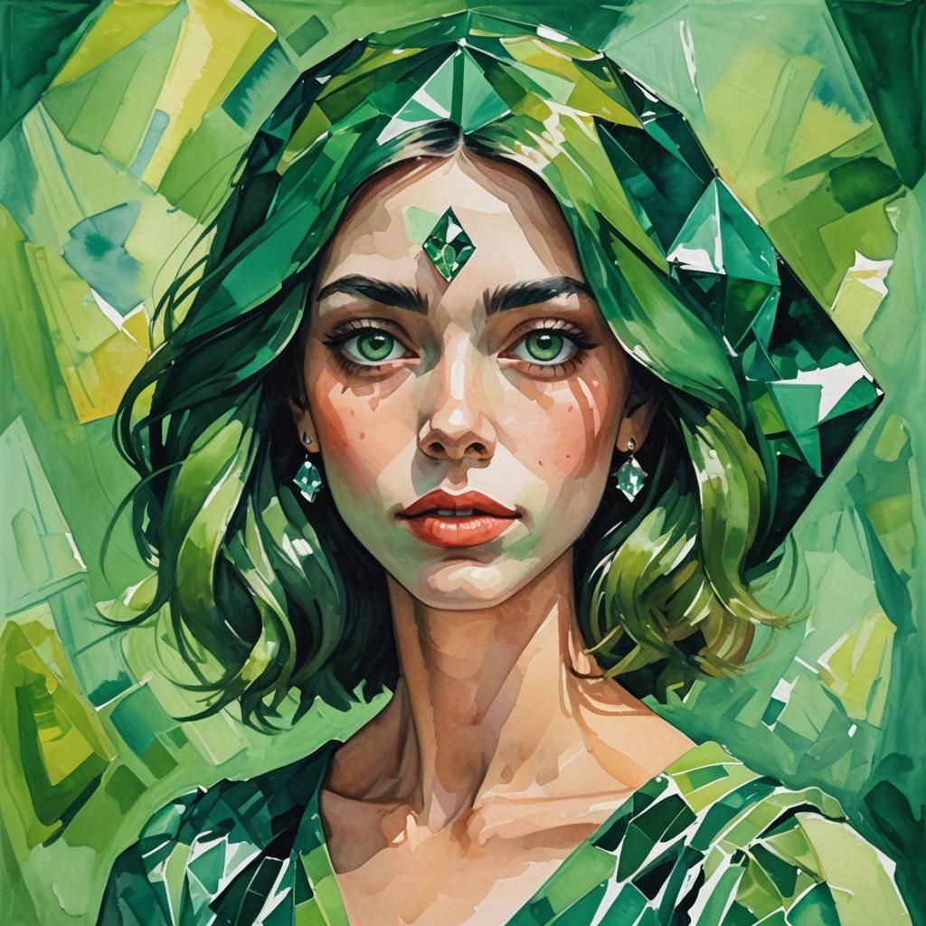 Girl with Green Diamond in Gouache Style