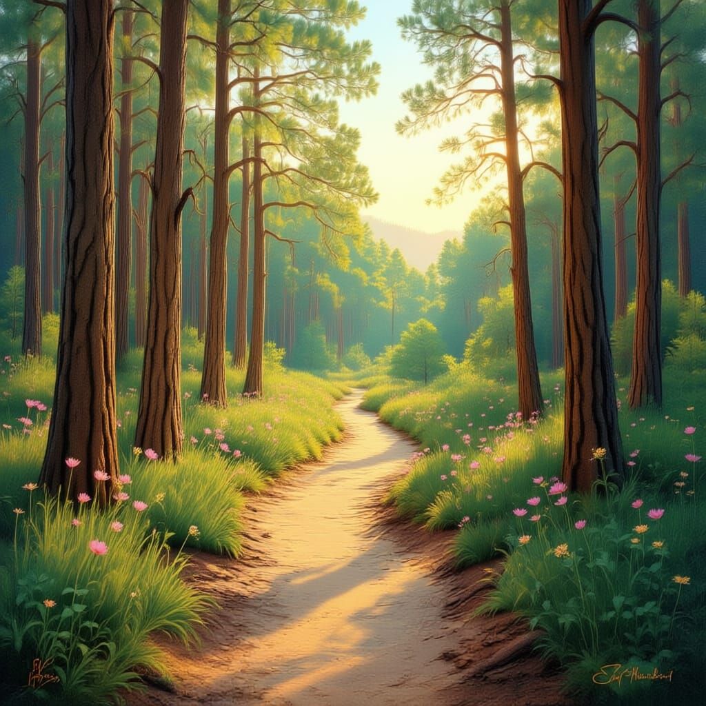 Winding Forest Path to Sunlit Clearing with Pink Accents