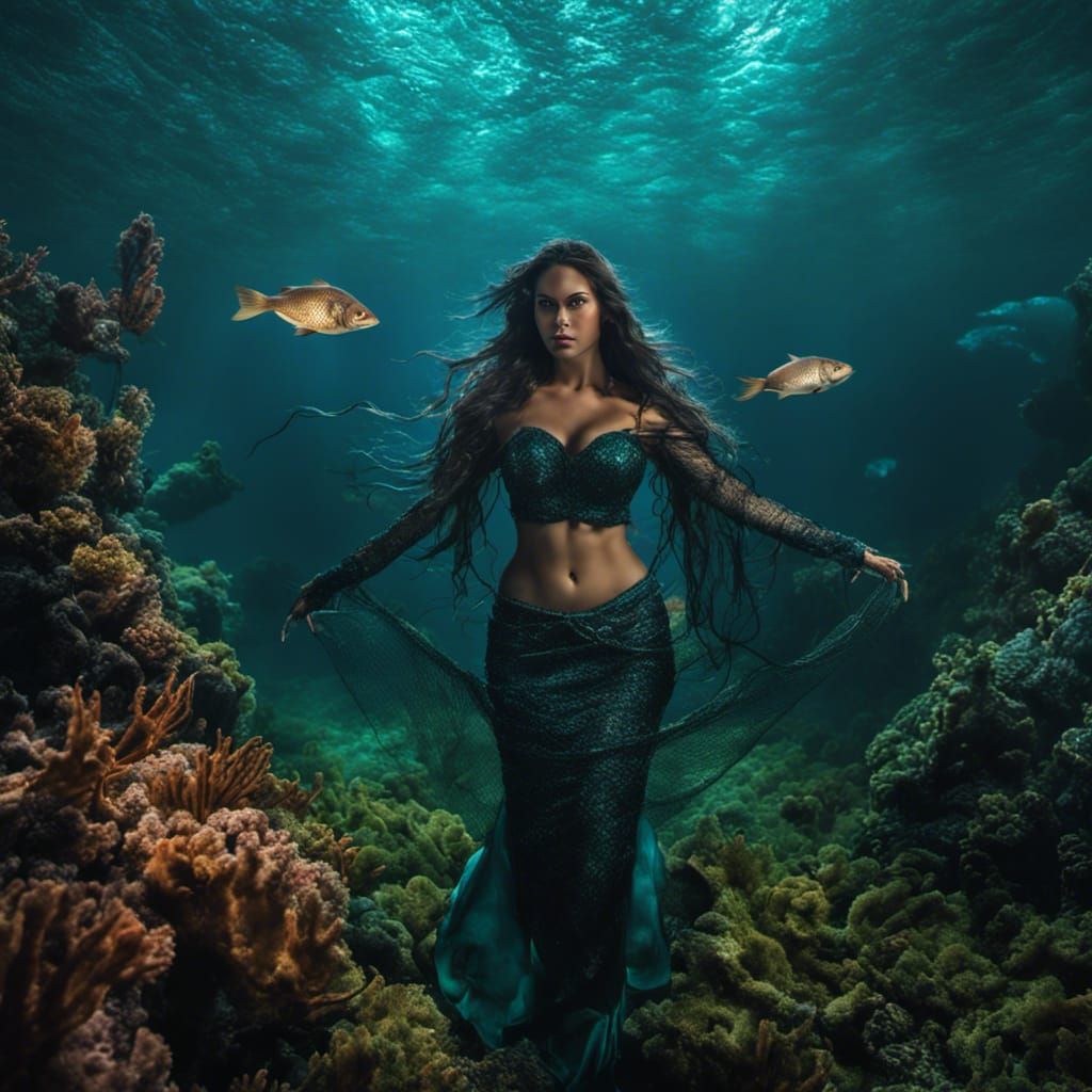 Fantasy Mermaid Escaping Net Underwater in Bioluminescent Gl...
