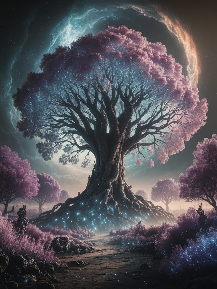 Ancient Bioluminescent Tree in Cosmic Garden