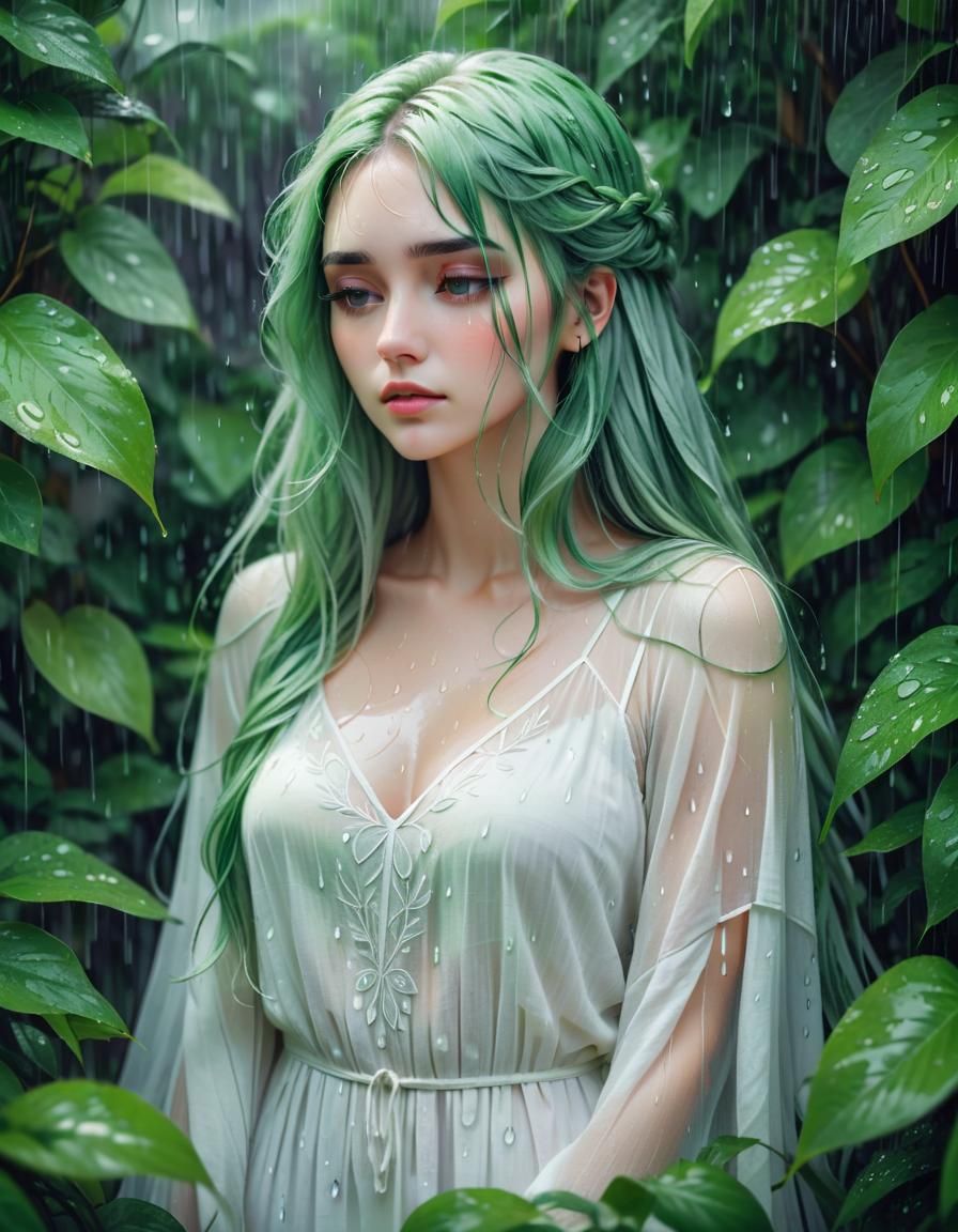 Sad Woman in Rain, Dreamy Illustration