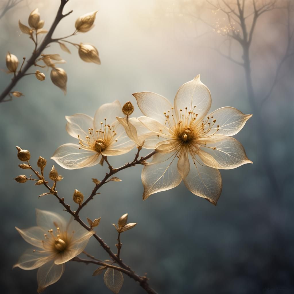 Ethereal Gilded Flower Blossoms in Whimsical Mist