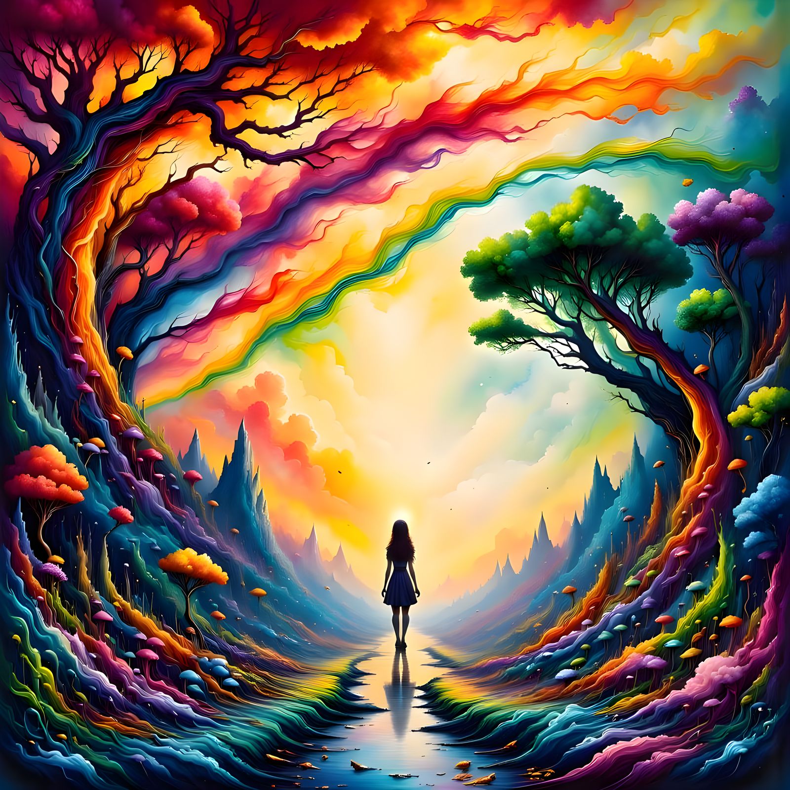 Surreal Fantasy Landscape with Rainbows and Celestial Magic