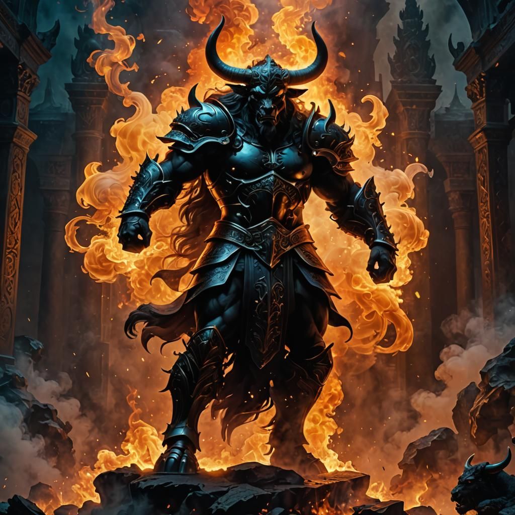 Minotaur Knight Silhouette in Smoke Painting Style