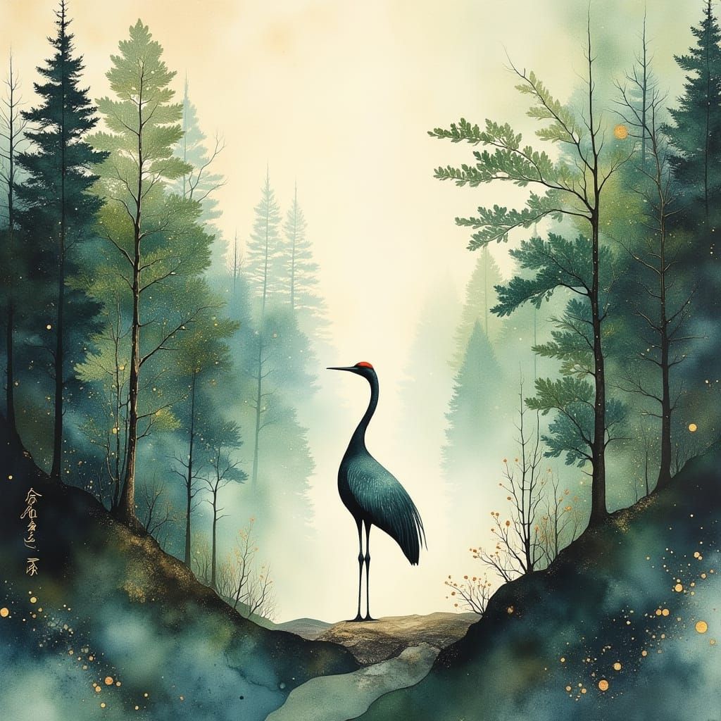 Lone Crane in Misty Forest, Ink Wash Painting