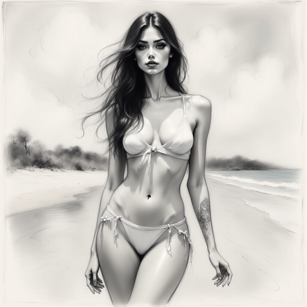 Beautiful Woman on Beach in Soft Charcoal Sketch Style