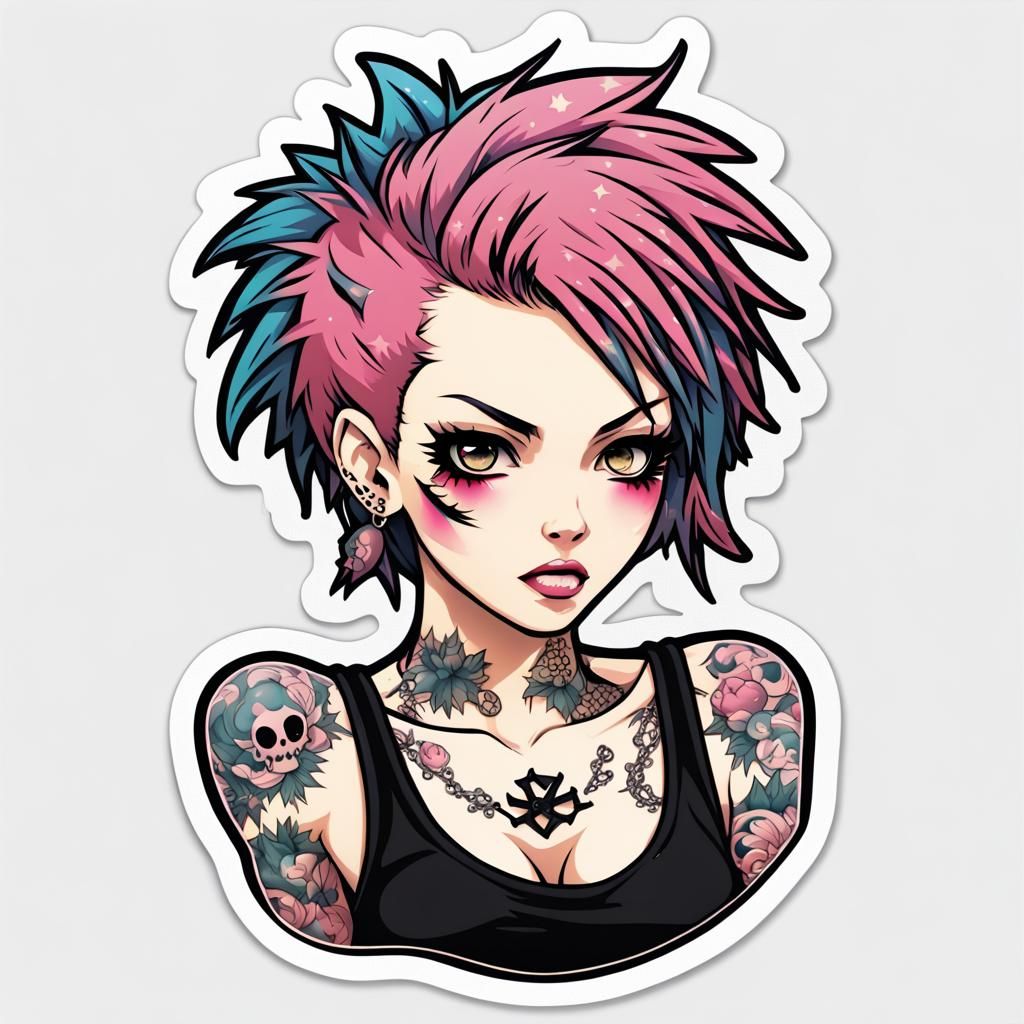Tattooed Punk Girl Anime Style Die-Cut Sticker