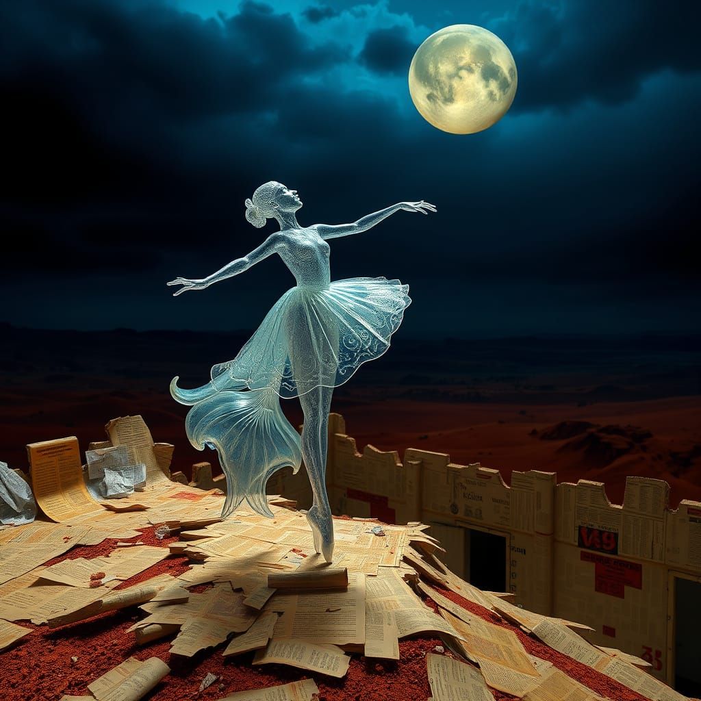 Surrealist Glass Ballerina Dances on Abandoned Alien Rooftop