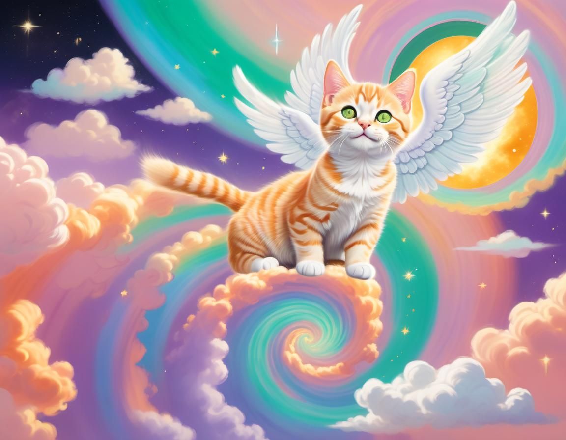 Tabby Cat with Angel Wings in Pastel Hues