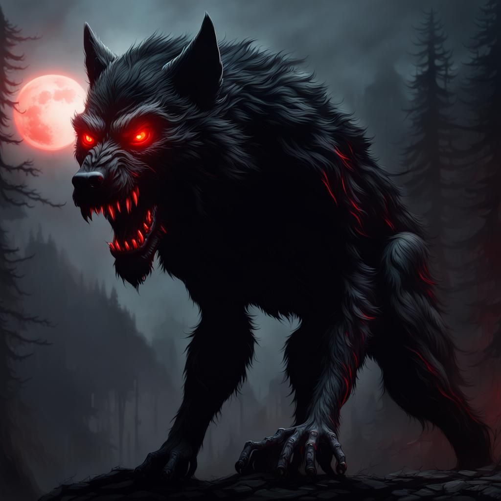 Epic Black Werewolf with Glowing Eyes