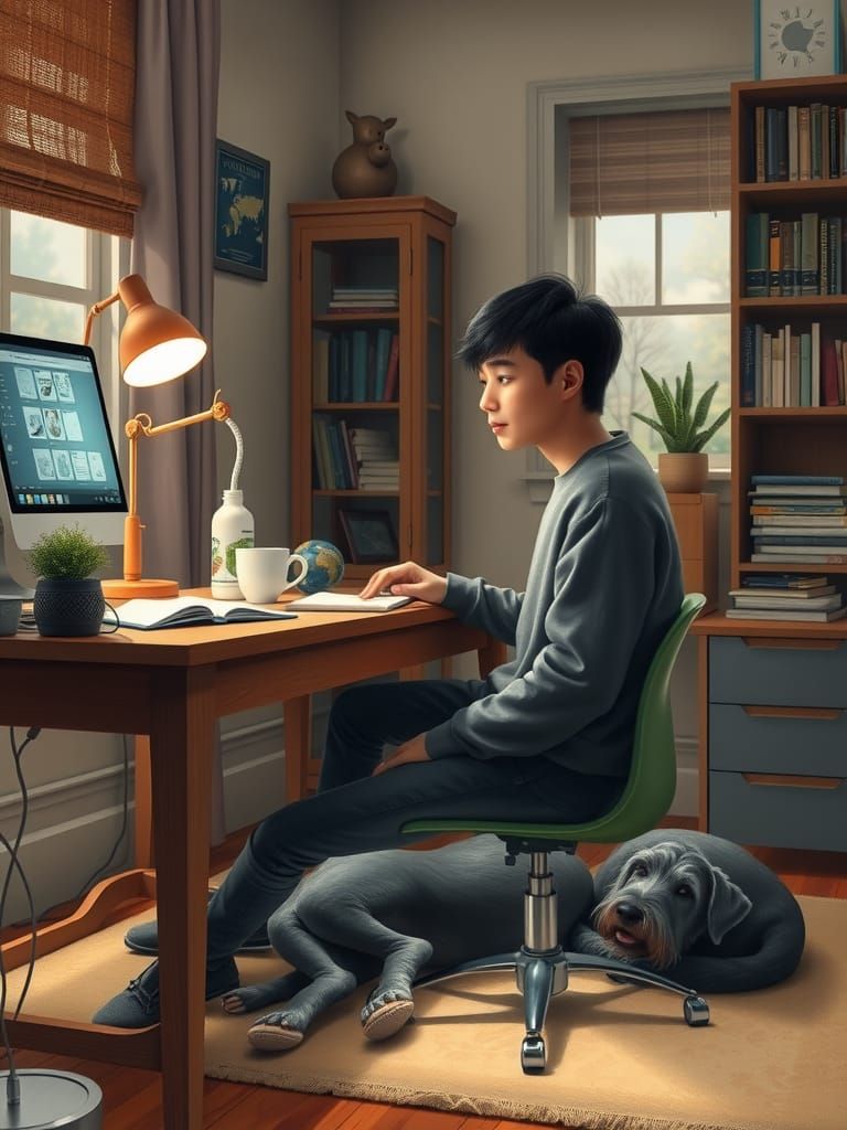 Cozy Boy and Dog at Desk, Impressionistic Style