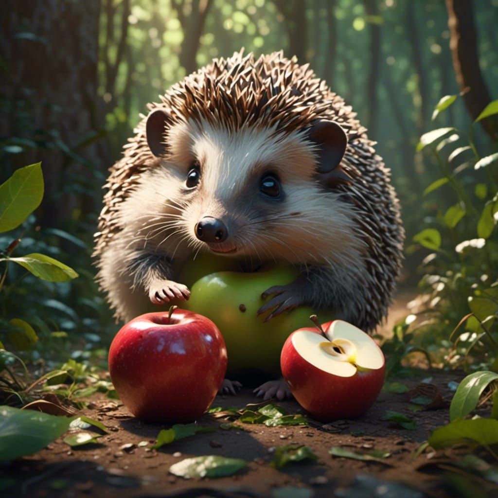 <lora:Animales:1.0> erizo comiendo manzana