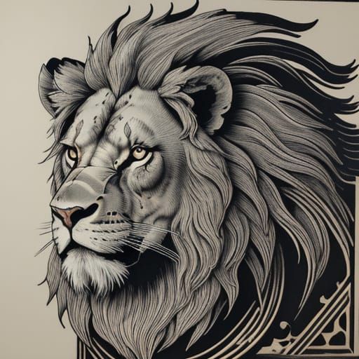 Regal Lion in Forest Clearing - Woodcut Style