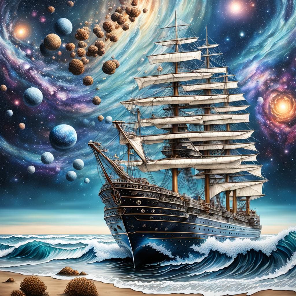 Hyperrealistic Ship on Galactic Ocean