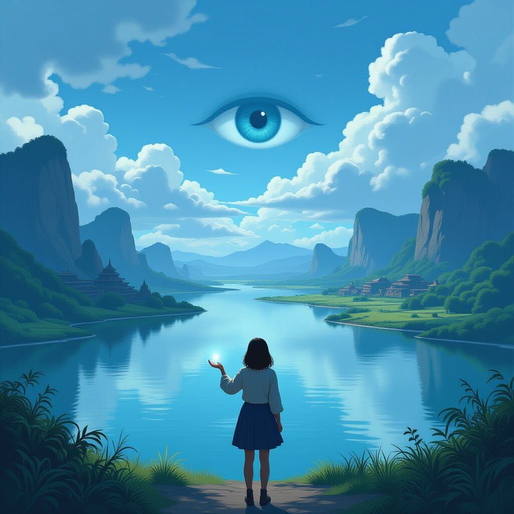 Anmai Gazing at River with Eye, in Atmospheric Style