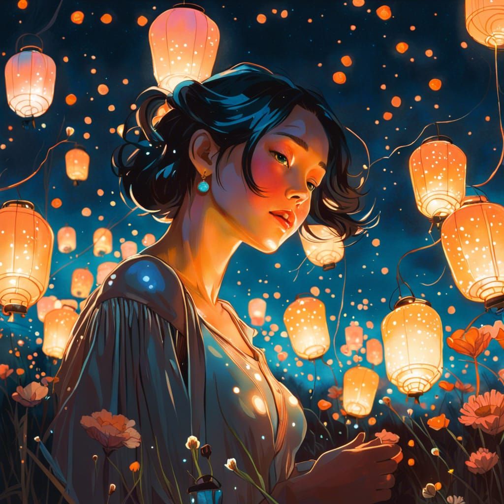 Dreamy Lanterns Over Bioluminescent Flower Field