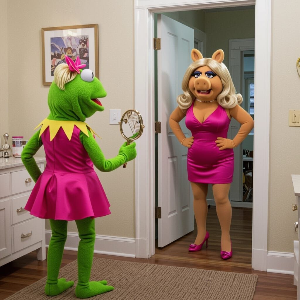Kermit the Frog in Miss Piggy Costume Meets Angry Miss Piggy