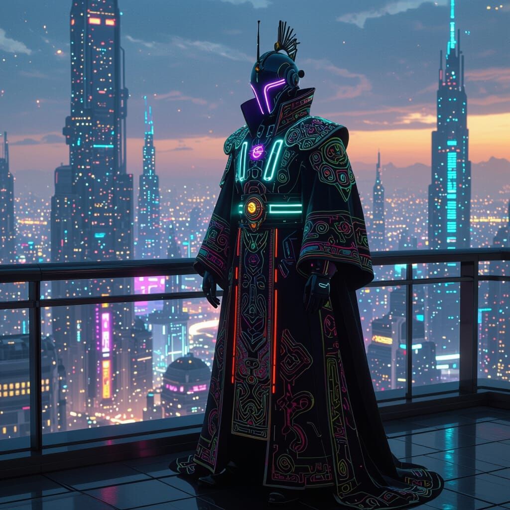 Futuristic Emperor Overlooking Cyberpunk Cityscape