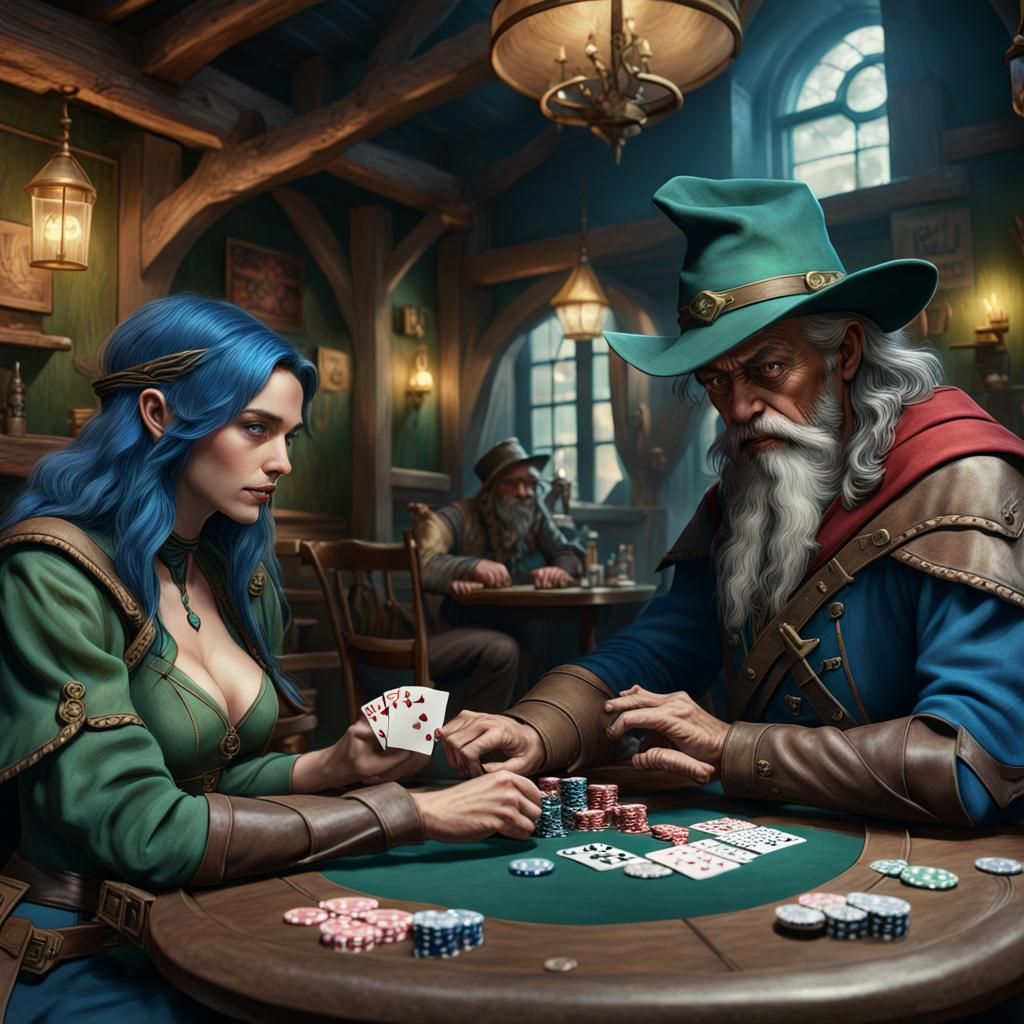 Fantasy Tavern Poker Game with Ranger, Rogue and Wizard