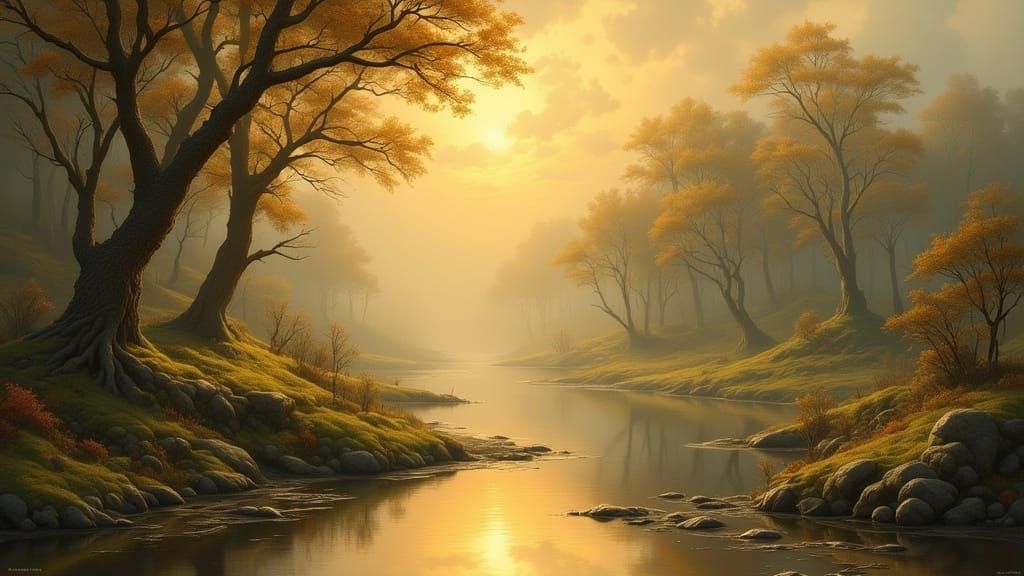 Tranquil Landscape in Traditional Oil Painting Style