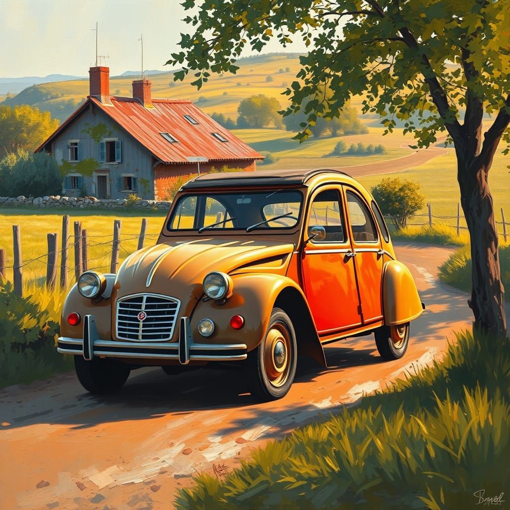 Vintage Car in Motion: an Oil Painting