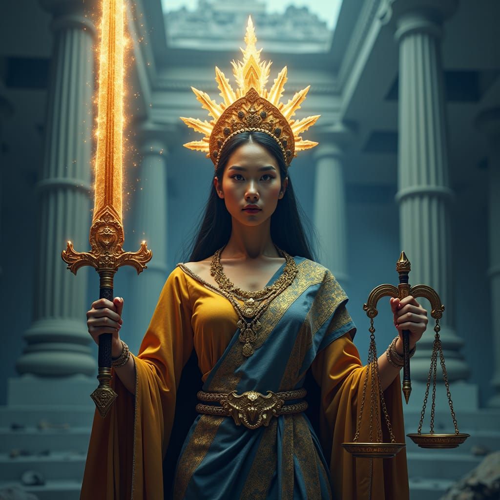 Regal Deity of Justice with Sword and Scales