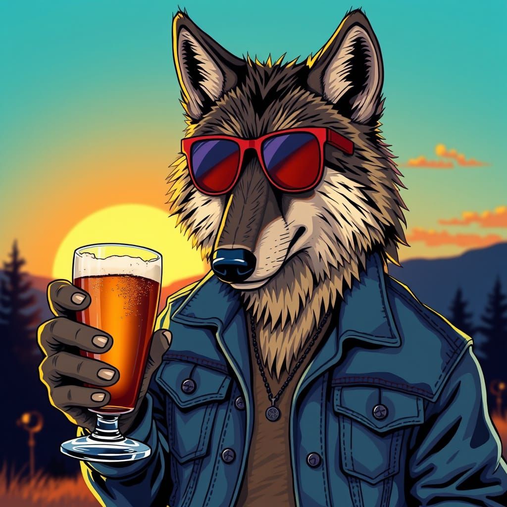 Wolf in Denim Jacket with Craft Beer