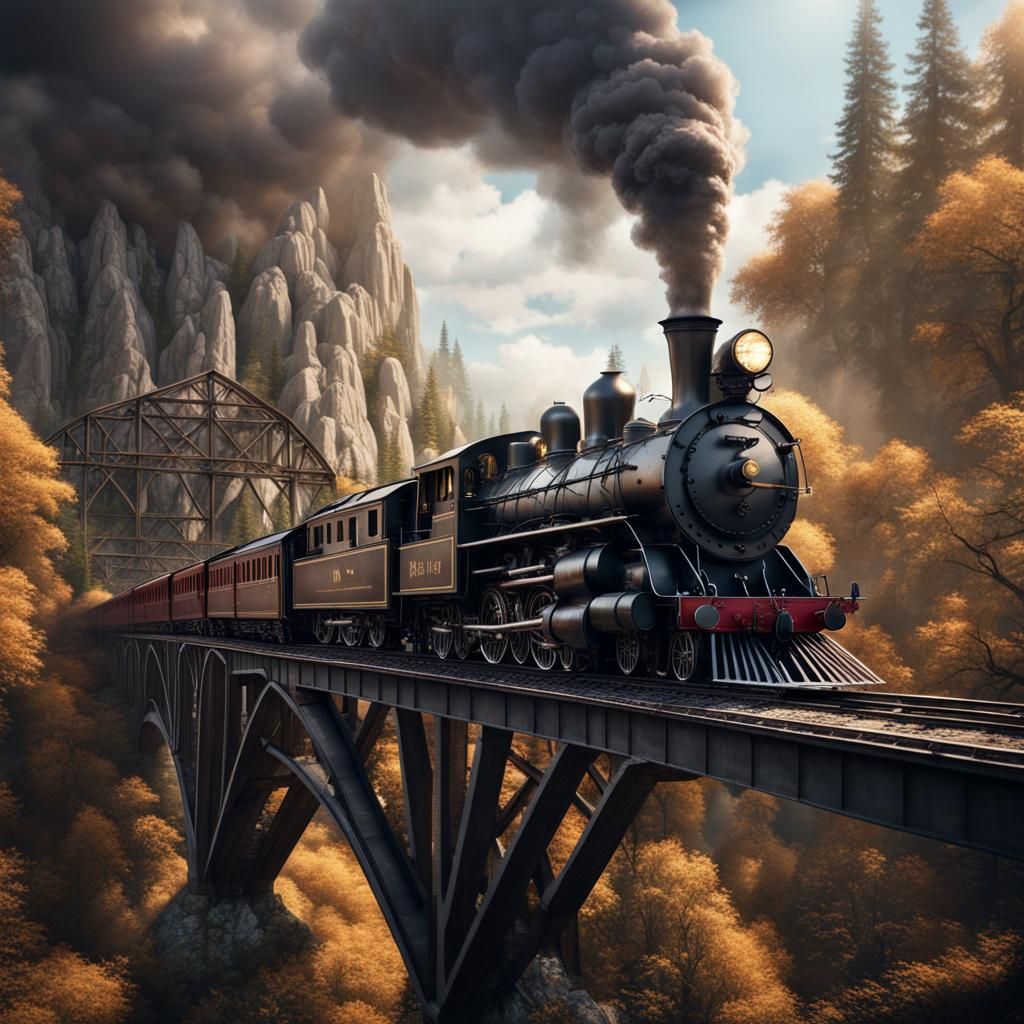 Steam Train on High Bridge: Detailed Matte Painting