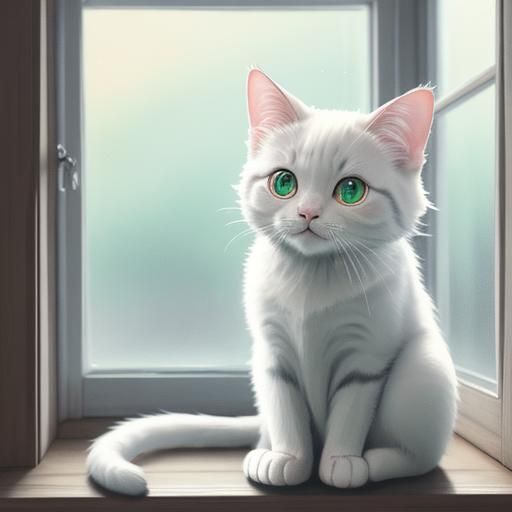 Anime Cat Portrait with Puffy Tail on Windowsill
