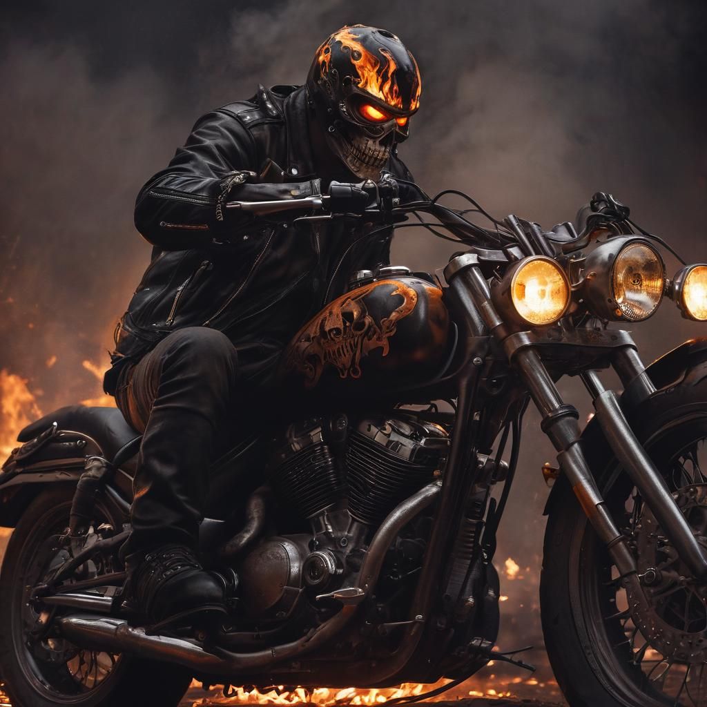 Brooding Biker in Flames: Dark Fantasy Art