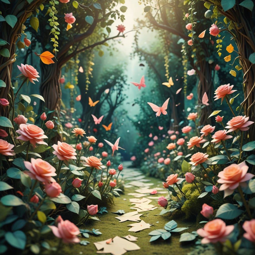 Whimsical Floral Wonderland in Papercraft Style