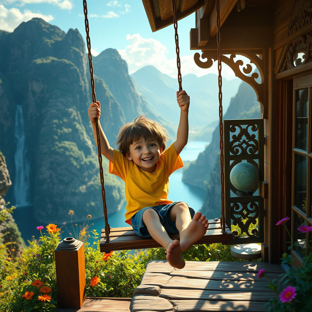 Boy on Swing with Mountain View in Fantasy Art Style