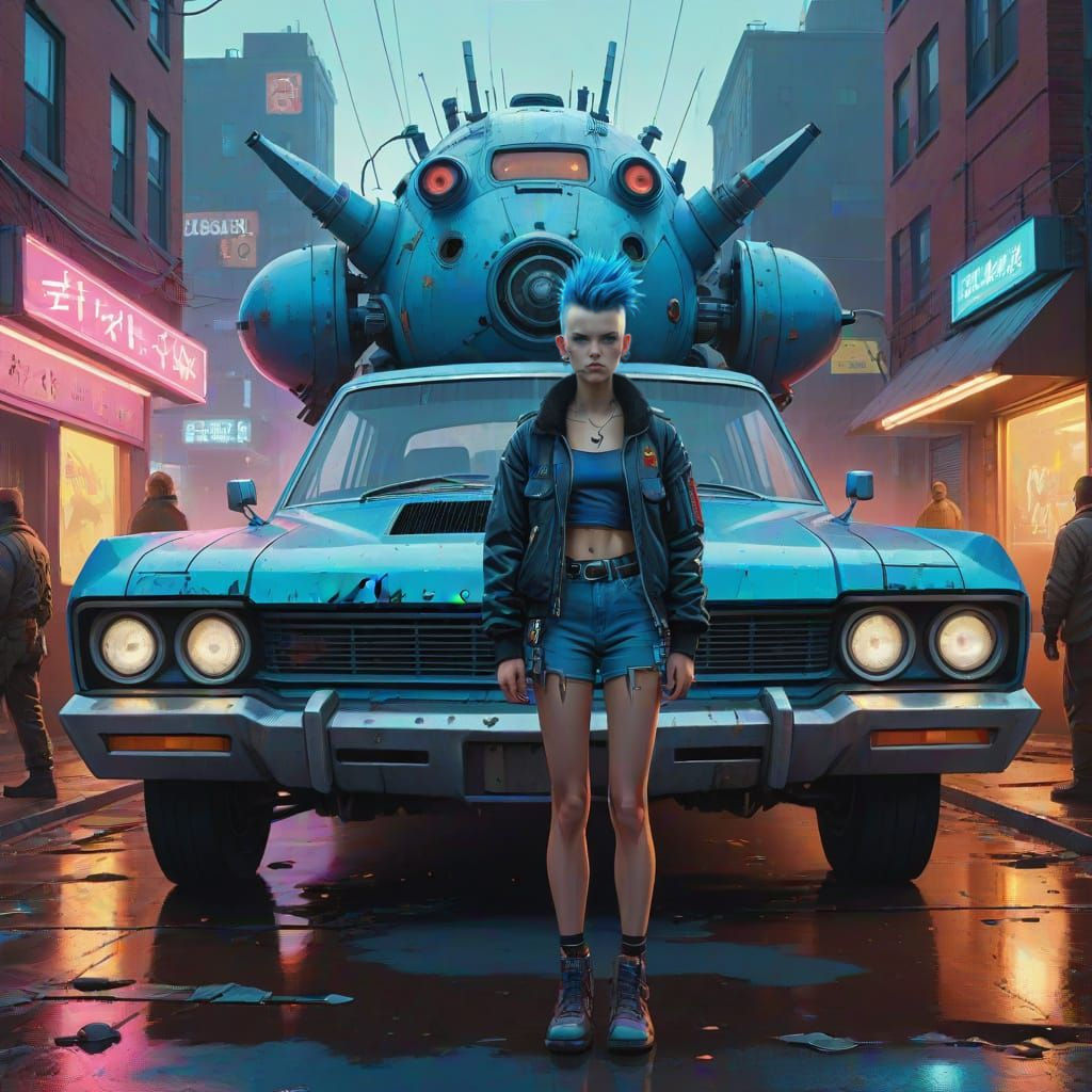 Atomicpunk Woman Stands Before Salvaged Vehicle