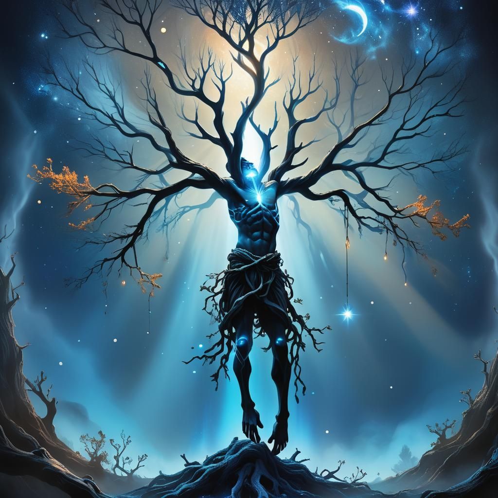 Surreal Hanged Man in Dreamlike Bioluminescent Mist
