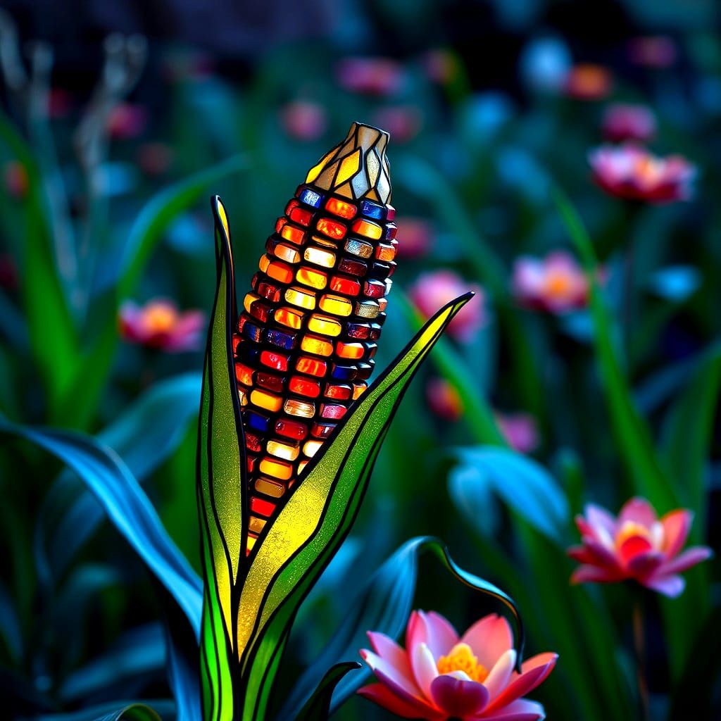 Stained Glass Corn in Hyperrealistic 3D Garden