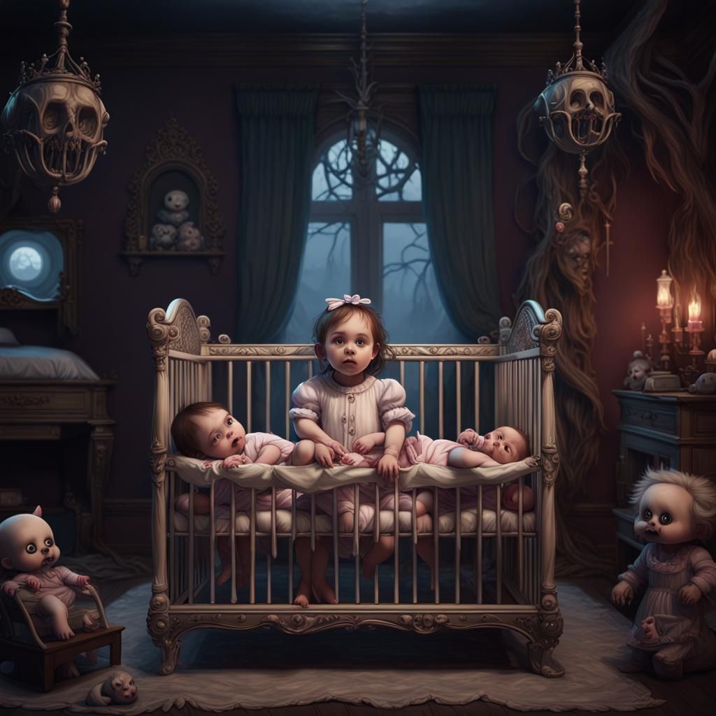 Scary Cute Baby Girl in Crib: Matte Painting