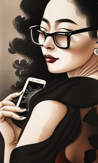 Detailed Ink Drawing: Teacher with iPhone