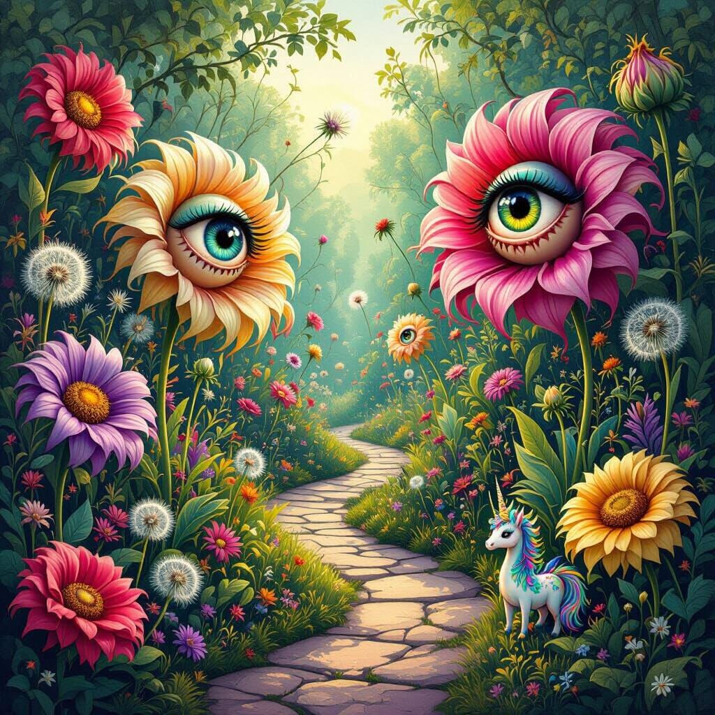 Enchanting Garden with Whimsical Creatures, Golden Hour